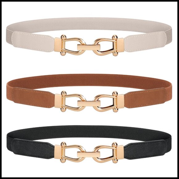 Retro Skinny Belt Stretchy Waist Belt Gold Buckle Elegant Adjustable Accessory main image 5